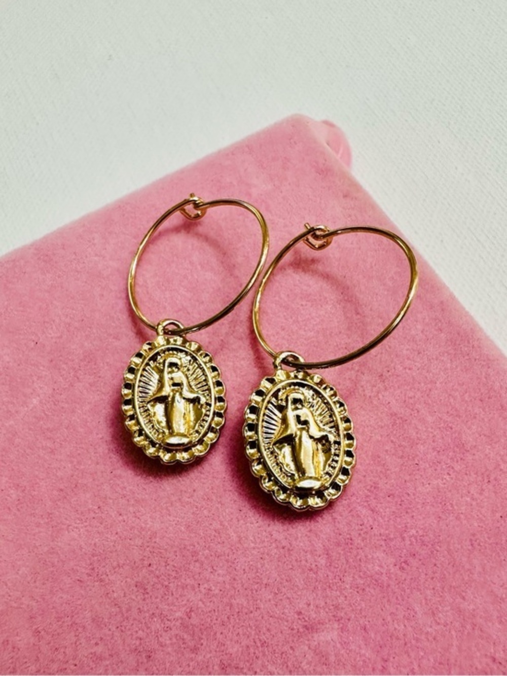 Gold Tone Madonna Medallion Hoop Earrings